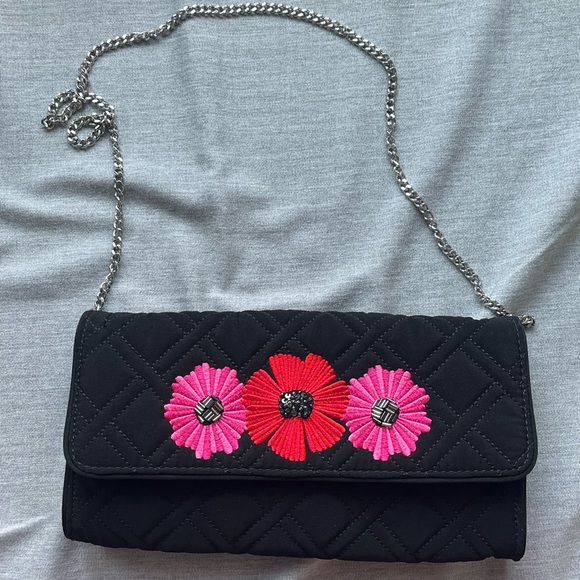 Vera Bradley Handbags - HP • Vera Bradley Black Quilted Embroidered Beaded Flower Crossbody Clutch Bag